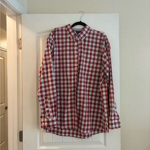 Men's Red and White Plaid Button-Down Shirt